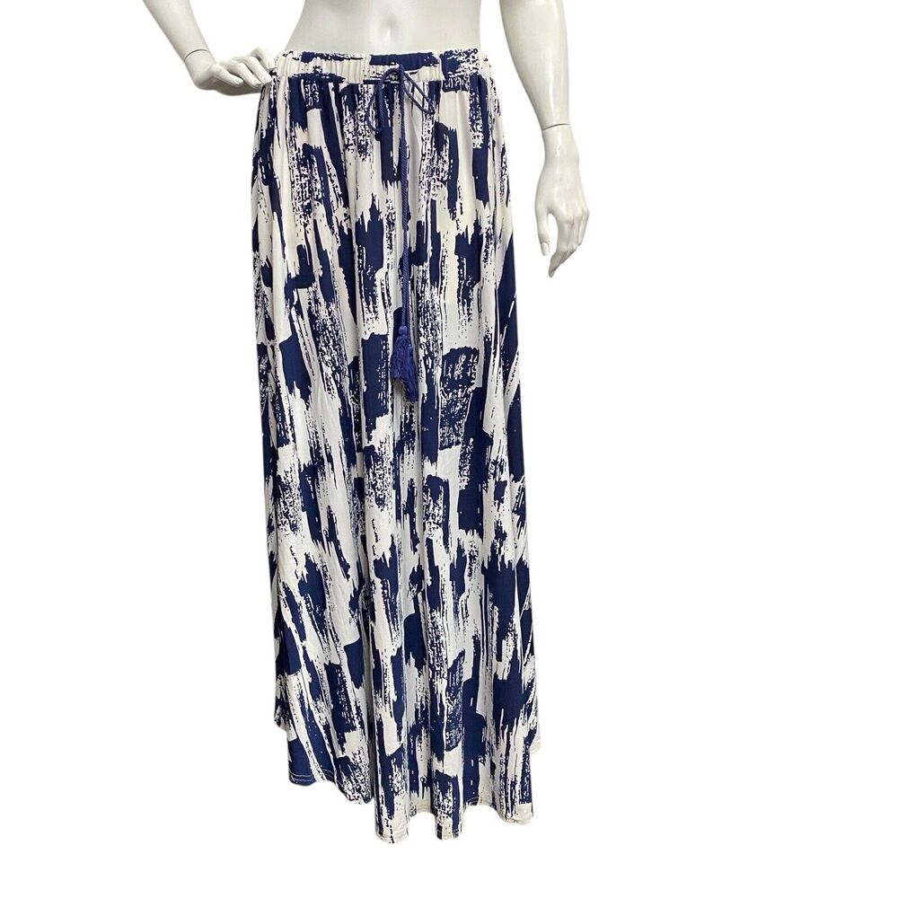 Selfie Couture Womens M Floor Length Maxi Peasant Skirt Blue White Slinky Flowy
